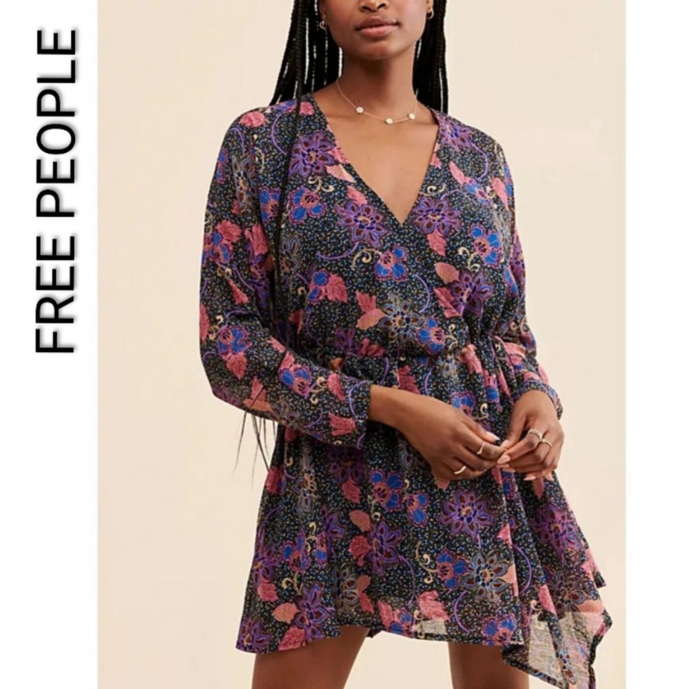 Free People Black Floral Mini Dress S fairy grunge Whimsigoth dark floral dainty